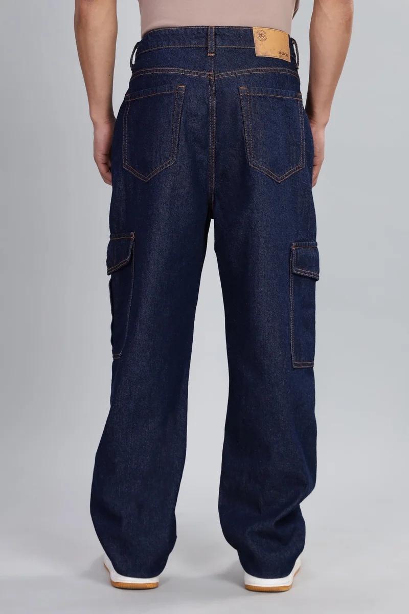 Inkd Sapphire Sphere Men's Cargo Carpenter Baggy Jeans – Mid-Rise | 100% Cotton | Contrast Stitch| 6 Pocket Styling | Baggy Jeans for Man | Cargo for Men for Men | Best Price UAE